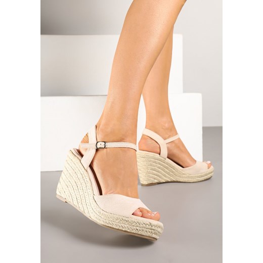 Beżowe Sandały na Koturnie z Plecionką i Skórzaną Wkładką  w Stylu Boho Novalea ze sklepu renee.pl w kategorii Espadryle damskie - zdjęcie 180217528
