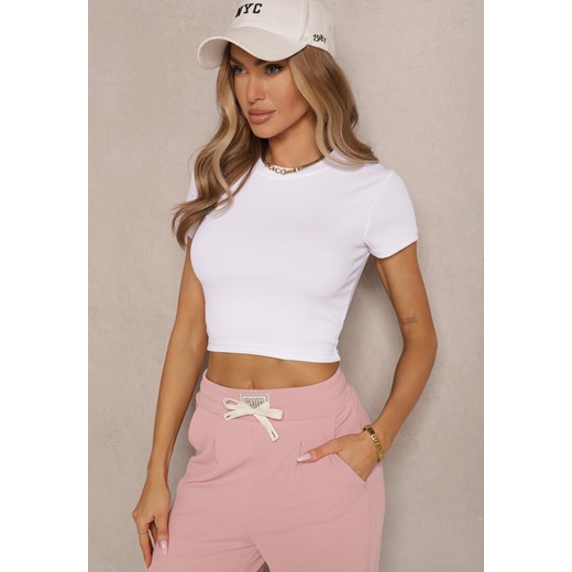 Biały Krótki T-shirt z Prążkowanej Tkaniny Teloma ze sklepu renee.pl w kategorii Bluzki damskie - zdjęcie 180237135