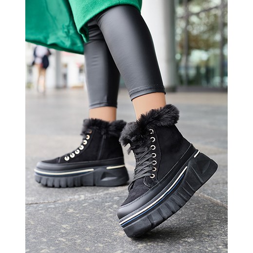 Royalfashion Czarne damskie sznurowane buty a'la śniegowce na platformie Neatesa ze sklepu royalfashion.pl w kategorii Śniegowce damskie - zdjęcie 180249237
