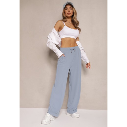 Niebieskie Spodnie o Szerokim Kroju High Waist Ozdobione Sznurkiem Deyrisse ze sklepu renee.pl w kategorii Spodnie damskie - zdjęcie 180258556