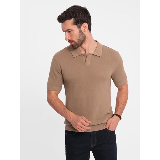 Męska bawełniana koszulka polo ze strukturalnej dzianiny – jasnobrązowa V3 OM-POSS-0117 ze sklepu ombre w kategorii T-shirty męskie - zdjęcie 180260756