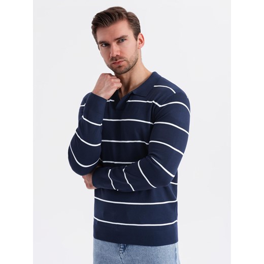 Męski longsleeve polo w poziome paski z wiskozą – granatowo-biały V1 OM-POLS-0146 ze sklepu ombre w kategorii Swetry męskie - zdjęcie 180260818