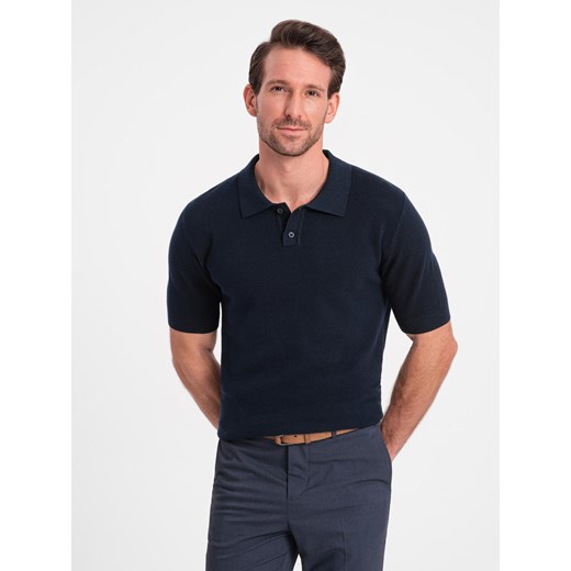 Bawełniana męska koszulka polo ze strukturalnej dzianiny – granatowa V2 OM-POSS-0117 ze sklepu ombre w kategorii T-shirty męskie - zdjęcie 180260846