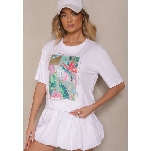Biały T-shirt z Bawełny Ozdobiony Brokatem Isadelle ze sklepu renee.pl w kategorii Bluzki damskie - zdjęcie 180261618