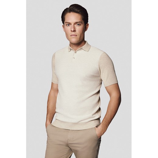Koszulka Polo Beżowa w Mikrowzór z Wiskozą Walt ze sklepu Lancerto S.A. w kategorii T-shirty męskie - zdjęcie 180285228