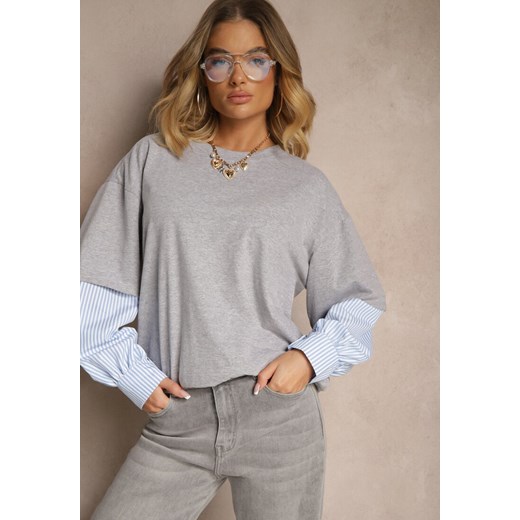 Szara Bawełniana Bluzka Ozdobiona Koszulowymi Rękawami w Paski Milseli Renee ONE SIZE wyprzedaż renee.pl