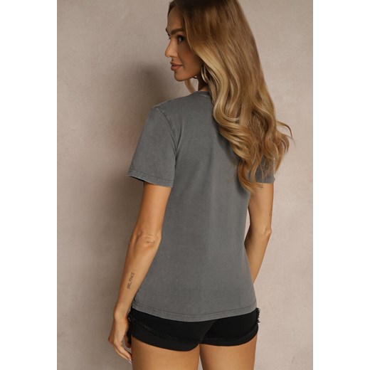 Ciemnoszary T-shirt z Bawełny Ozdobiony Motylem i Metalicznym Napisem Zariellea Renee M renee.pl