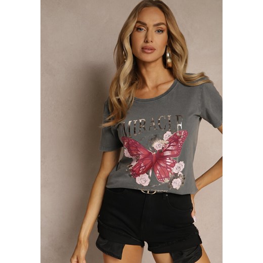 Ciemnoszary T-shirt z Bawełny Ozdobiony Motylem i Metalicznym Napisem Zariellea Renee XL renee.pl