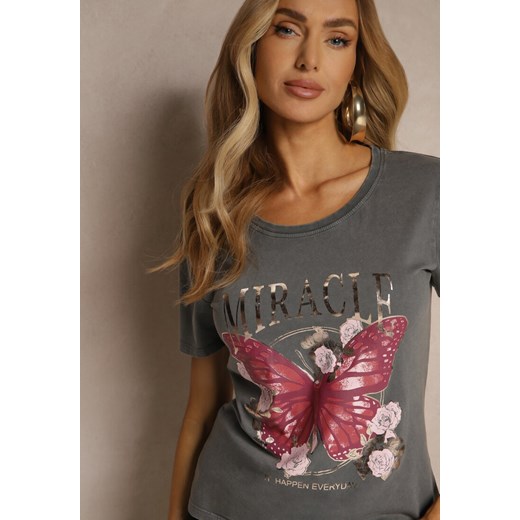 Ciemnoszary T-shirt z Bawełny Ozdobiony Motylem i Metalicznym Napisem Zariellea Renee S renee.pl