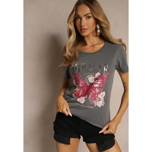 Ciemnoszary T-shirt z Bawełny Ozdobiony Motylem i Metalicznym Napisem Zariellea ze sklepu renee.pl w kategorii Bluzki damskie - zdjęcie 180285869