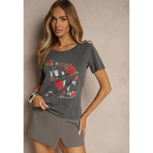 Ciemnoszary Bawełniany T-shirt z Kwiatami i Napisami Savinele ze sklepu renee.pl w kategorii Bluzki damskie - zdjęcie 180285879