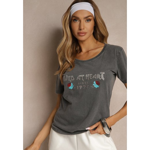 Ciemnoszary T-shirt z Bawełny Ozdobiony Nadrukiem Savetelle ze sklepu renee.pl w kategorii Bluzki damskie - zdjęcie 180285889