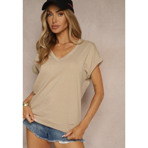 Beżowy Bawełniany T-shirt z Dekoltem w Serek Lireave ze sklepu renee.pl w kategorii Bluzki damskie - zdjęcie 180285986
