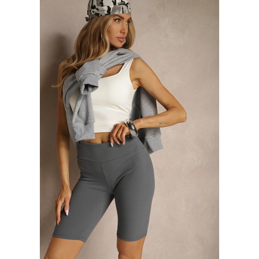 Szare Prążkowane Szorty High Waist o Fasonie Kolarek Rinelira ze sklepu renee.pl w kategorii Szorty - zdjęcie 180285996