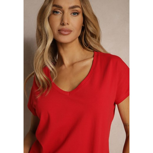 Czerwony T-shirt z Bawełny z Dekoltem w Serek Linithiela Renee L renee.pl