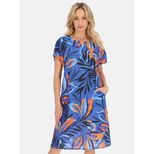 Niebieska lniana sukienka w liście z krótkim rękawem L'AF Dion 48 Eye For Fashion