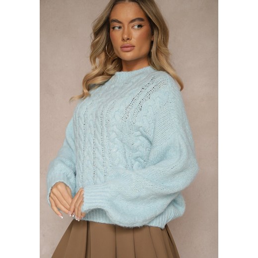Niebieski Sweter z Wełną o Eleganckim Warkoczowym Splotem Makkaria ze sklepu renee.pl w kategorii Swetry damskie - zdjęcie 180327259