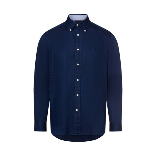 Tommy Hilfiger Męska koszula casual z zawartością lnu Mężczyźni Regular Fit Bawełna granatowy jednolity ze sklepu vangraaf w kategorii Koszule męskie - zdjęcie 180339339
