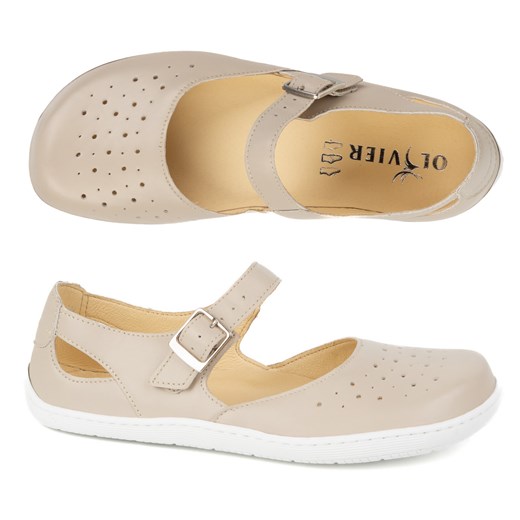Baleriny ażurowe barefoot damskie Olivier 1284 – skórzane buty z klamerką do codziennych i eleganckich stylizacji beżowe ze sklepu butyolivier w kategorii Półbuty damskie - zdjęcie 180342938