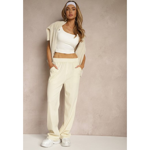 Beżowe Szerokie Spodnie High Waist z Wiskozą Linowena ze sklepu renee.pl w kategorii Spodnie damskie - zdjęcie 180343499