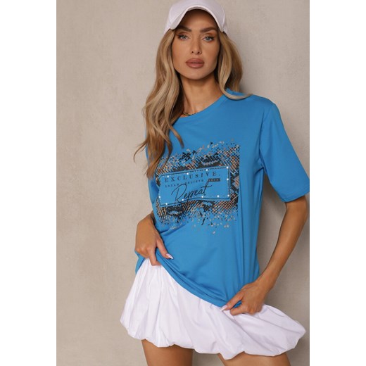 Niebieski T-shirt z Bawełny Zdobiony Nadrukiem z Cyrkoniami Idelunea ze sklepu renee.pl w kategorii Bluzki damskie - zdjęcie 180345228