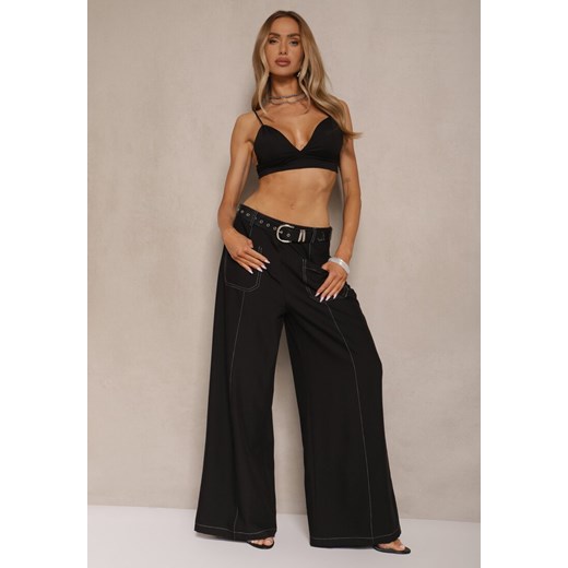 Czarne Szerokie Spodnie High Waist z Wiskozą z Ozdobnymi Przeszyciami Linadia ze sklepu renee.pl w kategorii Spodnie damskie - zdjęcie 180365069