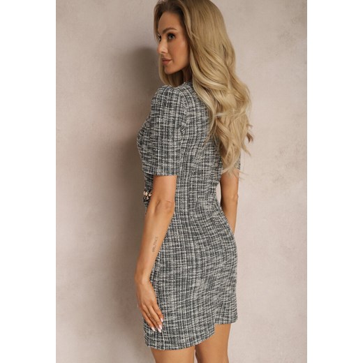 Czarno-Biała Dopasowana Sukienka Mini Elegancka z Łańcuchem w Talii Biavia Renee S okazja renee.pl