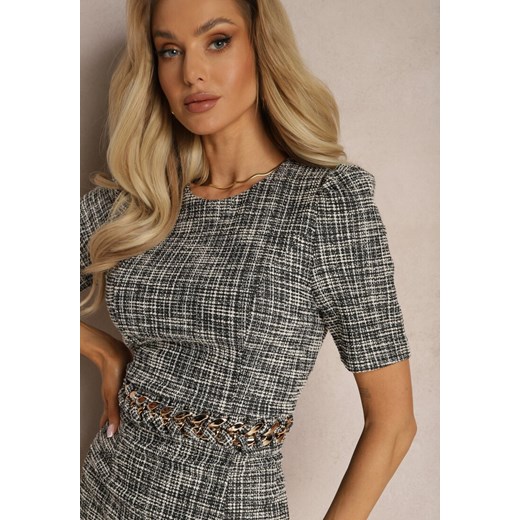 Czarno-Biała Dopasowana Sukienka Mini Elegancka z Łańcuchem w Talii Biavia Renee M renee.pl promocyjna cena