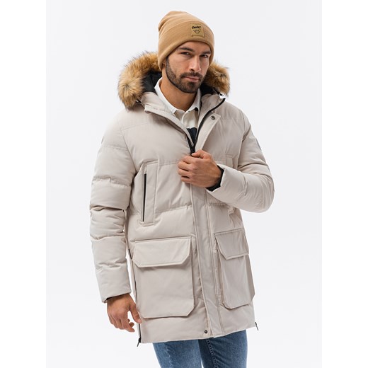 Kurtka męska zimowa parka z kieszeniami cargo - ecru V1 C554 XL promocja ombre