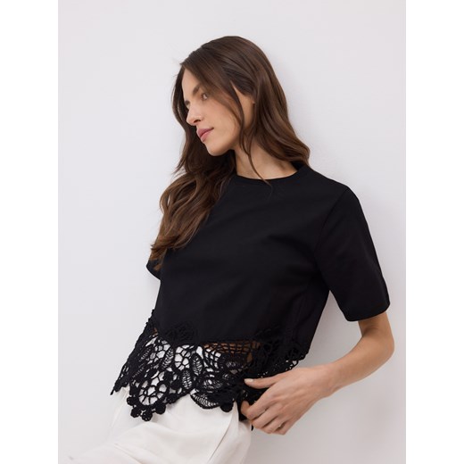 Bluzka damska Reserved casual z bawełny czarna z okrągłym dekoltem z krótkim rękawem 