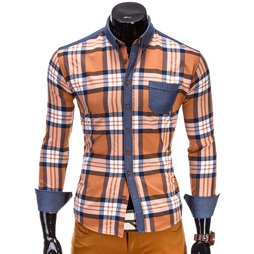 Koszula K204 - BRĄZOWA ombre rozowy Koszule w kratę męskie