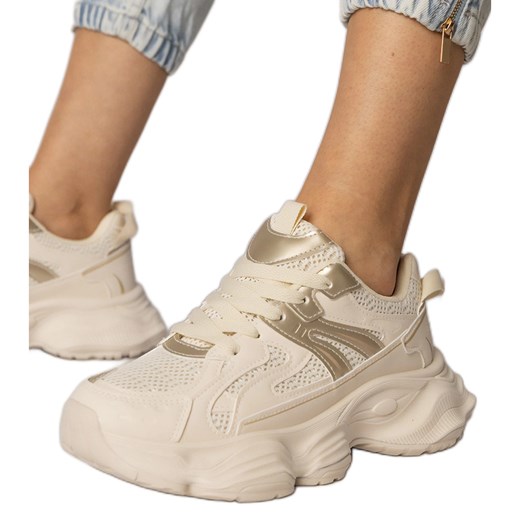 Beżowe sneakersy damskie sportowe ze złotą wstawką beżowy ze sklepu ButyModne.pl w kategorii Buty sportowe damskie - zdjęcie 180397489