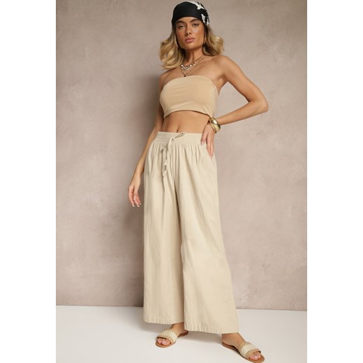 Beżowe Spodnie High Waist Szerokie z Bawełny Wiązane w Pasie z Gumką w Talii Yaslio ze sklepu renee.pl w kategorii Spodnie damskie - zdjęcie 180403065