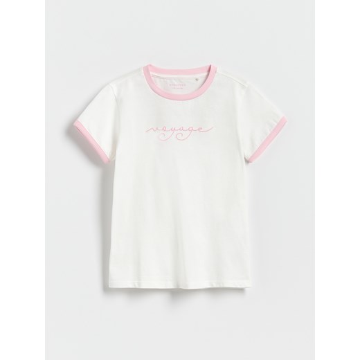 Reserved - Bawełniany T-shirt z haftem - złamana biel ze sklepu Reserved w kategorii Bluzki dziewczęce - zdjęcie 180405595