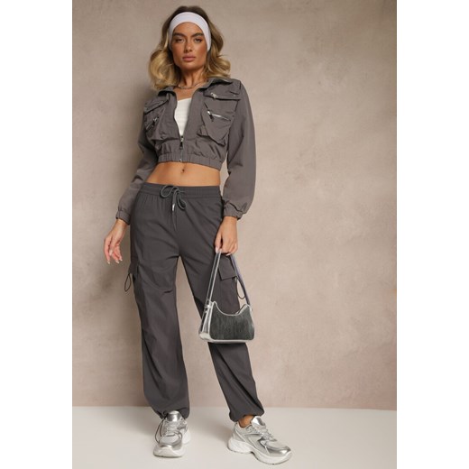 Szare Spodnie z Bawełną Typu Cargo High Waist Puvoria ze sklepu renee.pl w kategorii Spodnie damskie - zdjęcie 180414207