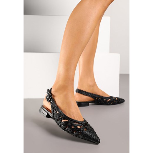 Czarne Sandały Slingback z Szydełkową Cholewką z Metalicznymi Przeszyciami Frolette ze sklepu renee.pl w kategorii Balerinki - zdjęcie 180414537