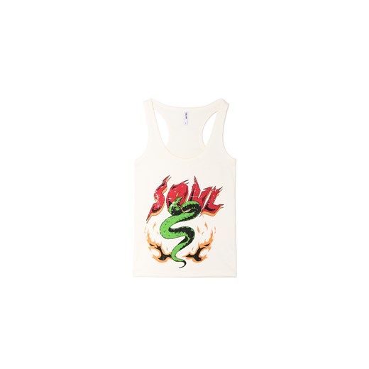 Cropp - Prążkowany T-shirt na ramiączkach z nadrukiem - biały ze sklepu Cropp w kategorii Bluzki damskie - zdjęcie 180427458