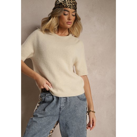 Beżowy Sweter o Fasonie T-shirtu z Wełną Dannirae ze sklepu renee.pl w kategorii Swetry damskie - zdjęcie 180429076