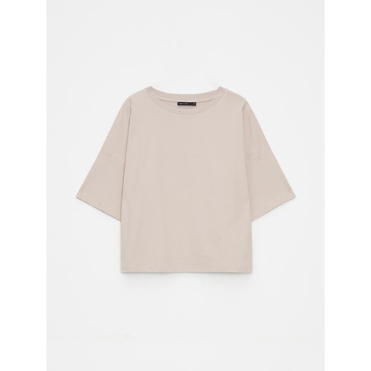 Mohito - Bawełniany beżowy t-shirt - beżowy ze sklepu Mohito w kategorii Bluzki damskie - zdjęcie 180432116