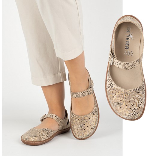 Damskie buty barefoot ze skóry naturalnej z printem 1284 beżowe ze sklepu butyolivier w kategorii Półbuty damskie - zdjęcie 180441756