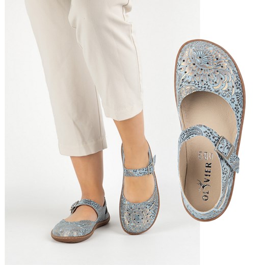 Damskie buty barefoot ze skóry naturalnej z printem 1284 błękitne ze sklepu butyolivier w kategorii Półbuty damskie - zdjęcie 180441767