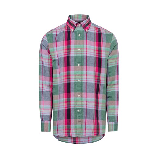 Tommy Hilfiger Męska koszula casual z zawartością lnu Mężczyźni Regular Fit Bawełna zielony w kratkę ze sklepu vangraaf w kategorii Koszule męskie - zdjęcie 180447199