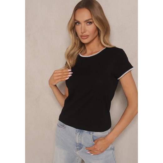 Czarny T-shirt z Bawełny z Ozdobną Lamówką Elanicea ze sklepu renee.pl w kategorii Bluzki damskie - zdjęcie 180450578