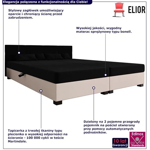 Łóżko tapicerowane z zagłówkiem czarny + ecru Esceni 3X - 3 rozmiary Elior One Size Edinos.pl