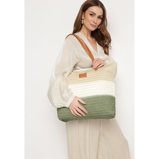 Beżowo-Zielona Torebka Tote w Stylu Boho z Plecionki na Suwak Rin ze sklepu born2be.pl w kategorii Torby letnie - zdjęcie 180452215
