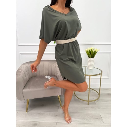 Khaki Sukienka Oversize z Paskiem ze sklepu ModnaKiecka.pl w kategorii Sukienki - zdjęcie 180460678