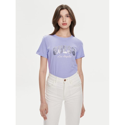 Guess T-Shirt Ss Rn Sequins Logo T W4GI31 I3Z14 Fioletowy Regular Fit ze sklepu MODIVO w kategorii Bluzki damskie - zdjęcie 181069749