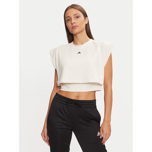 adidas Koszulka techniczna Power Boxy French Terry 3-Stripes IW3188 Écru Slim Fit ze sklepu MODIVO w kategorii Bluzki damskie - zdjęcie 181078988