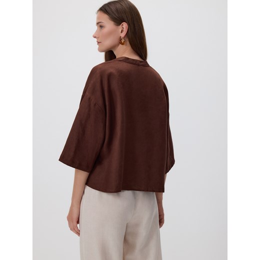 Reserved - Lniana bluzka z wiązaniami - ciemnobrązowy Reserved S Reserved