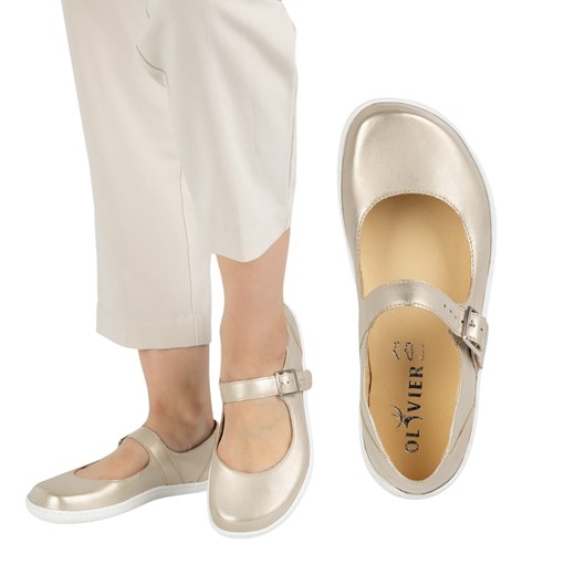 Baleriny barefoot damskie Olivier 1286 – skórzane buty z klamerką do codziennych i eleganckich stylizacji złote ze sklepu butyolivier w kategorii Półbuty damskie - zdjęcie 181224185